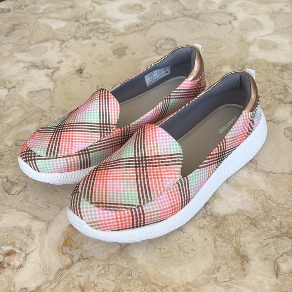 Lands End Womens Gatas Lightweight Comfort Slip On Shoes Pink Plaid Round Toe